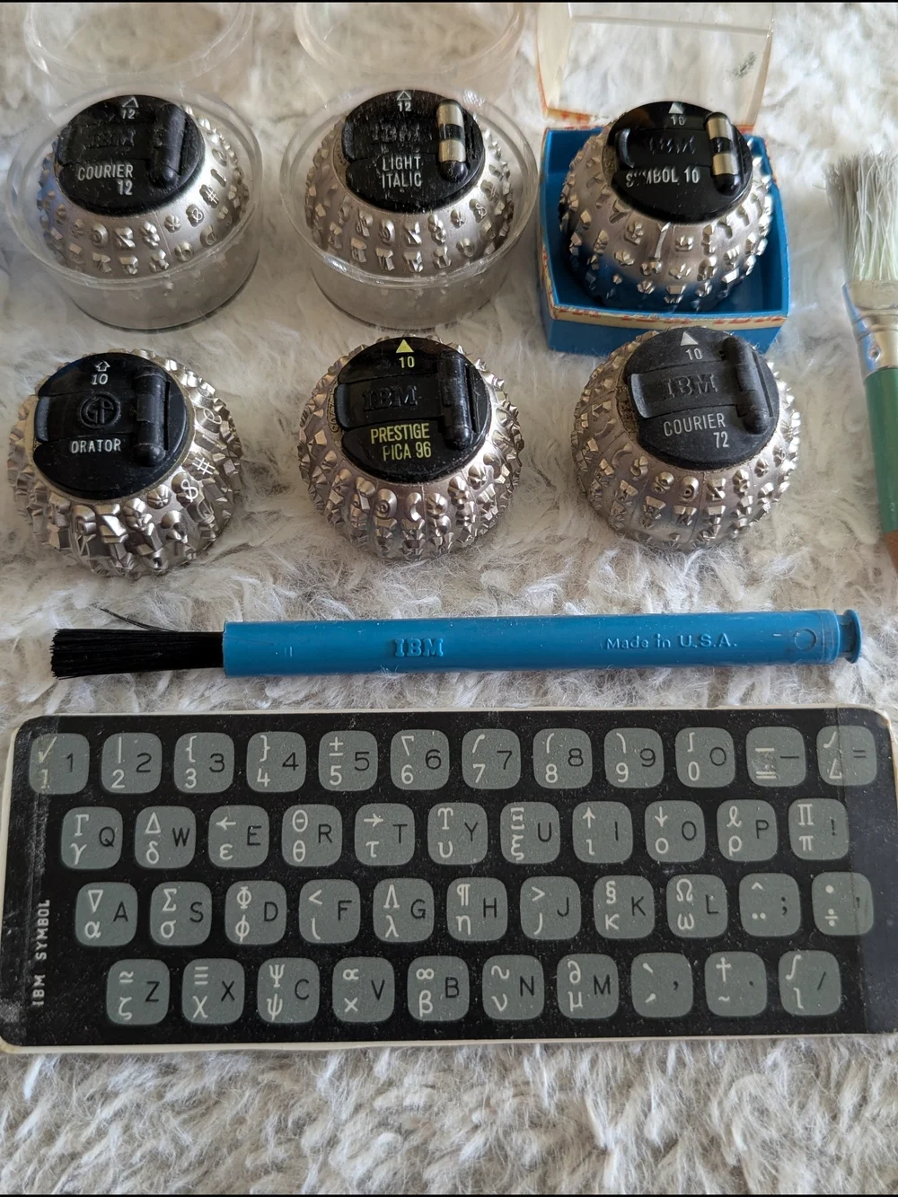 Lot Of 6 IBM Selectric Typewriter Font Balls W Tape Eraser Empty IBM box & Brush